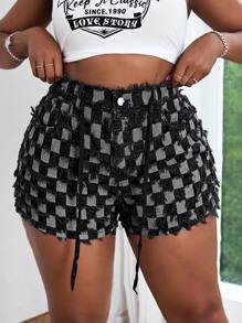 Slaydiva Plus Size Women Plaid Pattern Raw Hem Denim Shorts - Dark Wash - View 1