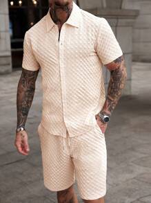 Manfinity CasualCool Men's Textured Short Sleeve Shirt And Shorts Casual Suit - Khaki - View 1