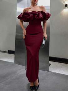 RueChic Women Satin Detailed Off Shoulder Ruffle Split Back Dress - Burgundy - View 1