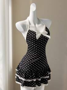 Elamini 波尔卡圆点蕾丝边蝴蝶结露背系带腰部荷叶边下摆迷你连衣裙拼布褶皱分层复古甜美度假海滩优雅休闲约会太阳裙女式夏季