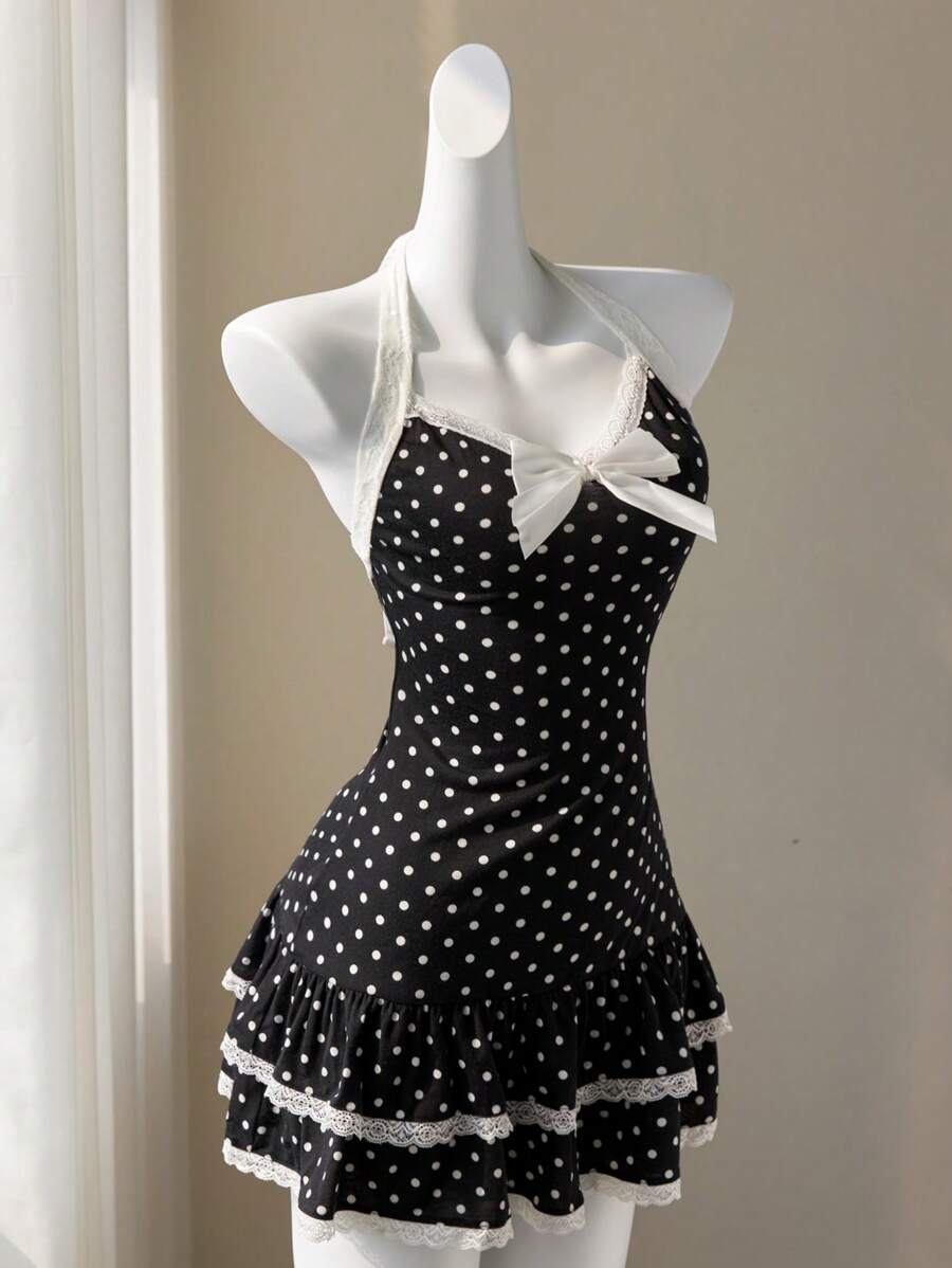 Elamini 波尔卡圆点蕾丝边蝴蝶结露背系带腰部荷叶边下摆迷你连衣裙拼布褶皱分层复古甜美度假海滩优雅休闲约会太阳裙女式夏季