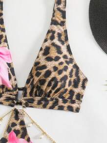 SHEIN Swim 1pc Women's Leopard & Floral Print Chain Decor One Piece Swimsuit - Multicolor - View 7
