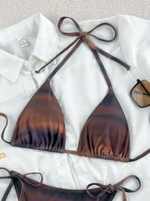 Swim Basics Springbreak 2pcs Women Summer Beach Wear Outfits: Spaghetti Strap Gradient Color Crop Top And Side Tie Bikini Bottom Bikini Set Set - Multicolor - View 5