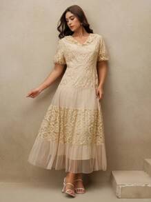 Anewsta High Quality Elegant Ladies Summer Mesh Lace Splice Dress, Plus Size Long Evening Gown - Khaki - View 4