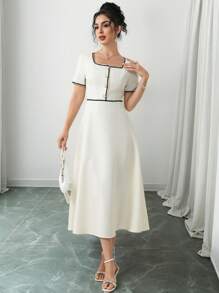 Modelyn Women's Mid-Length Elegant Woven Strap Decor Summer Dress - Apricot - View 7