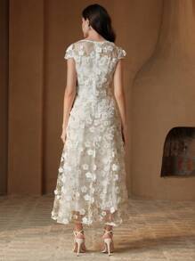 Anewsta 优雅浪漫3D花卉透明腰部合身喇叭形长款约会连衣裙 - 白色 - 查看 7