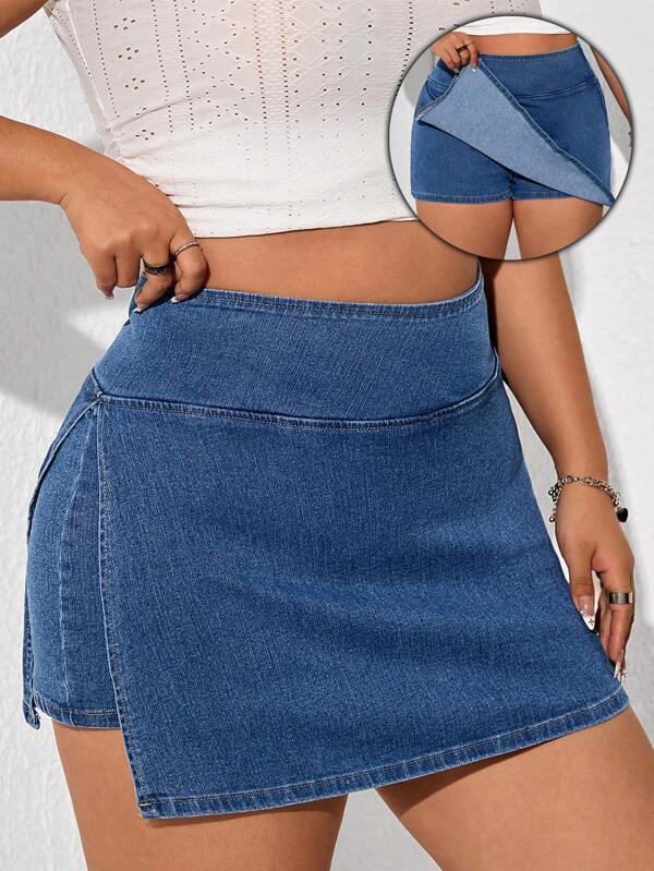 SHEIN ICON Plus Size Women's Solid Color Bodycon Denim Skirt, Suitable For Summer