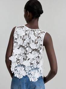 Ontre 女士四季立体花朵上衣，优雅镂空花朵蕾丝吊带背心，设计师款上衣 - 白色 - 查看 2