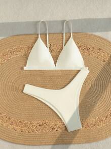 Swim Mod Bộ 2 chiếc/Bộ đồ bơi Tankini dây màu trơn & quần lót - Màu be - Xem 5