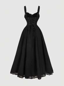 SHEIN MOD Women French Romantic Solid Color Dress, Black Casual Holiday Strappy Dress - Black - View 2