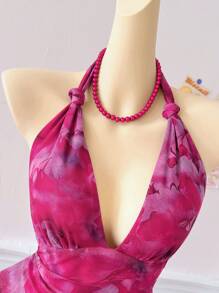 SHEIN Unity 女士不对称荷叶边连衣裙，适合度假 - 玫紅色 - 查看 6