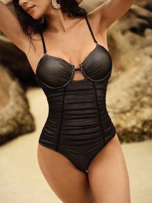 Anewsta 1pc Women's Elegant Mesh Underwired Seamless One Piece Swimsuit, Summer