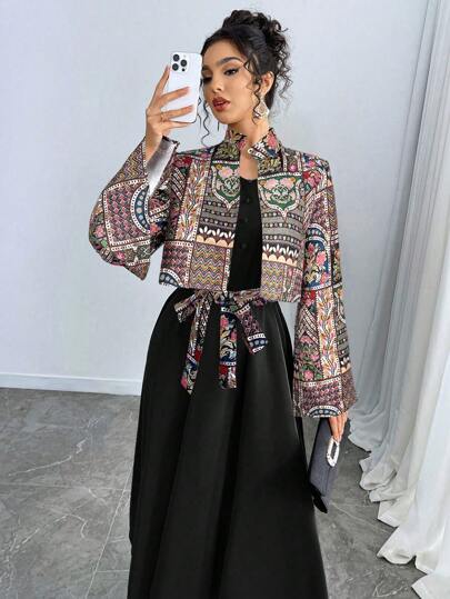 Yasmyna Women's Asymmetrical Hem Belted Dress & Graphic Print Jacket Arabian Style Set, Modest