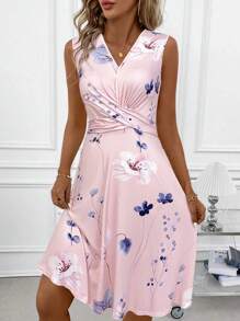 SHEIN Clasi 女士无袖树叶花卉印花夏装 - 粉色 - 查看 6