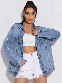 SHEIN ICON Ripped Detail Drop Shoulder Denim Jacket - Light Wash - View 1