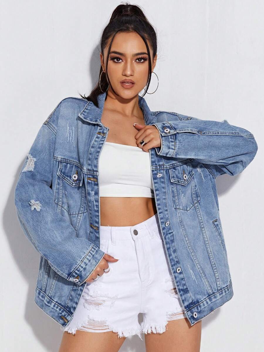 SHEIN ICON Ripped Detail Drop Shoulder Denim Jacket - Light Wash - View 1