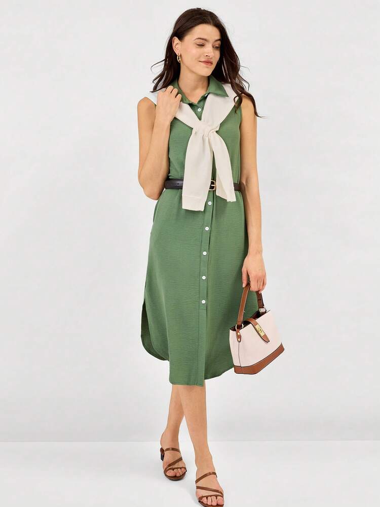 Robe-chemise décontractée sans manches avec poches sur les côtés, robe mi-longue pour femme, collection printemps/été