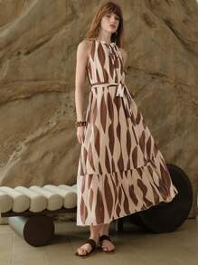 EMERY ROSE 女士春夏梭织褶皱无袖圆领休闲度假连衣裙 - 棕色 - 查看 5