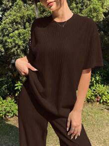 SHEIN EZwear Summer Knit Textured Loose T-Shirt And Wide Leg Pants Set - Brown - View 5
