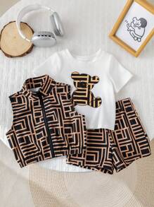SHEIN 3pcs/Set Baby Boy Summer Cute Cartoon Bear Print Short Sleeve T-Shirt, Shorts, Vest 3-Piece Outfits
