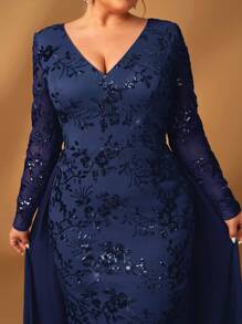 Serin Plus Size Women's Elegant Luxurious Sparkling Sequin Fabric V-Neck Mid-Sleeve Mermaid Long Hem Patchwork Chiffon Flowy Dress, Suitable For Wedding, Gala, Party, Formal Mother Of The Bride Dress