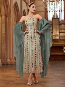 Al Najma 女士花卉印花挂脖式优雅阿拉伯连衣裙 - 綠色 - 查看 3