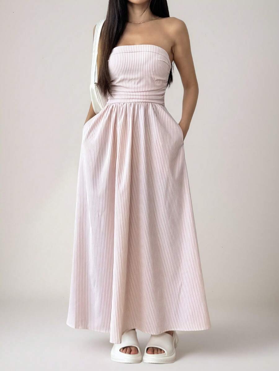 MainGRL Women Summer Striped Print Bandeau Sleeveless Dress Gown - Baby Pink - View 1