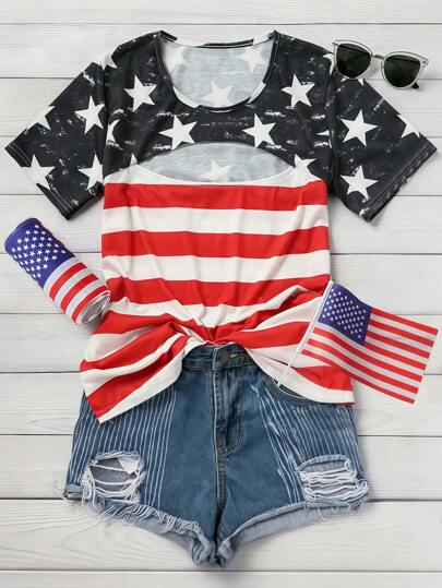 SHEIN LUNE Plus Size Women American Flag Graphic Keyhole Neck Casual Short Sleeve T-Shirt For 4th Of July