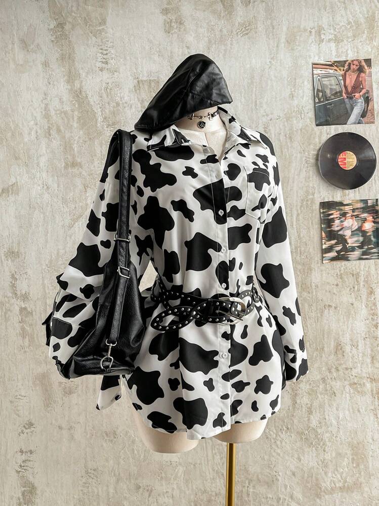 SHEIN CovetEZ 大码休闲宽松奶牛印花衬衫 - 彩色 - 查看 1