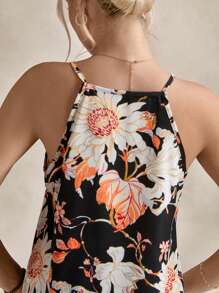 SHEIN LUNE Floral Print Notch Neck Fitted Women Tank Top, Spring/Summer - Black - View 6