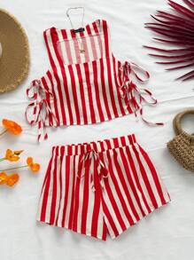 Soleia 女士度假风绿白条纹侧蝴蝶结吊带背心和宽松休闲短裤，夏季海滩婚礼西方音乐节波西米亚风两件套 - 紅白色 - 查看 9