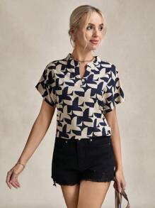 SHEIN LUNE Women's Short Sleeve Stand Collar Teacher Work Shirt, Summer