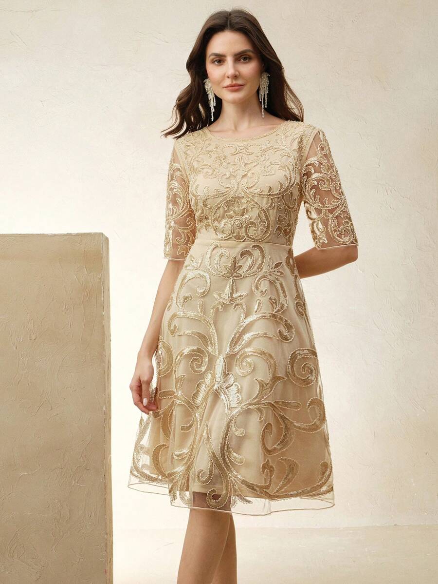 Anewsta 女士优雅约会之夜刺绣亮片中袖束腰连衣裙，春夏季，节日，毕业典礼 - 金色 - 查看 1