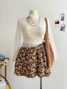 Soleia 红色碎花弹性腰部褶皱曲线下摆休闲度假大码短裤 - 彩色 - 查看 4