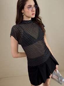 SHEIN X Scot Louie Muvela 女士优雅透视波点印花立领蝙蝠袖T恤，百搭夏季都市通勤装，复古学院风，Y2K办公室正式场合，优雅都市通勤装，日常休闲装，浪漫90年代复古风，女士派对礼服，时尚简约，婚礼宾客，伴娘，女主人，外出，社交，约会，派对，聚会，音乐会，毕业典礼，早午餐，机场穿搭 - 棕色 - 查看 4