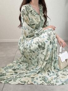 FRIFUL Vestido midi de línea A con cintura ceñida y cuello con volantes, con estampado floral, para usar en verano y de vacaciones en la playa - Verde - Ver 6