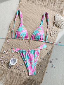 SHEIN Swim 女士夏季度假热带植物印花性感比基尼套装，露背，分体夏季 - 彩色 - 查看 1