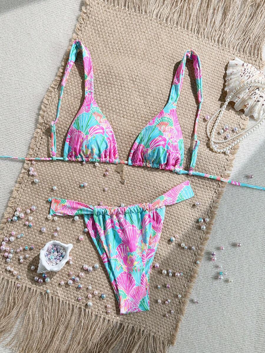 SHEIN Swim 女士夏季度假热带植物印花性感比基尼套装,露背,分体夏季 - 彩色 - 查看 1