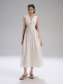 LYSMO 2025 新款夏季女式无袖 V 领白色长裙，腰带设计，褶饰设计，露背 A 字廓形，优雅简约，非常适合约会装 - 白色 - 查看 4