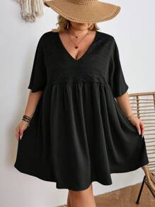 SHEIN CURVE+ Plus Size Vacation Casual Solid Color Lace Patchwork Dress,Summer Dresses For Women,Flowy Dress - Black - View 8