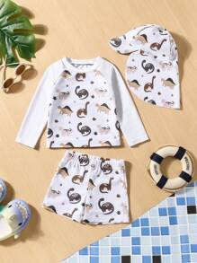 3pcs/Set Baby Boy Dinosaur Print Swimsuit With Sun Protection Hat, Beach Playwear - White - View 3
