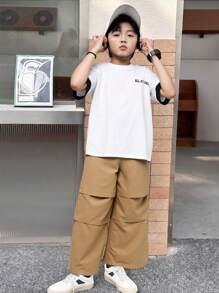 2pcs/Set Boys Casual Korean Style Round Neck Loose Letter Print Short Sleeve T-Shirt And Drawstring Waist Loose Long Cargo Pants Outfit