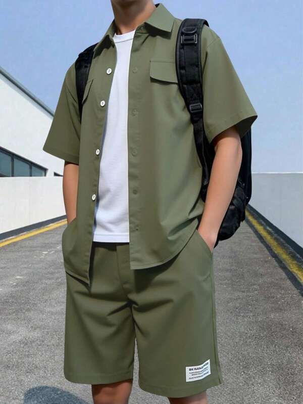 SHEIN 2pcs/Set Teenage Boys' Fashion Simple Green Short Sleeve Shirt And Pockets Shorts Summer Outfit