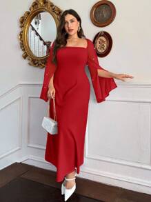 Firerie Vestido largo de línea A para mujer talla grande, elegante de satén rojo y rosa con volantes, cuello cuadrado, patchwork de gasa, para invitada de boda, ferias renacentistas y graduaciones de otoño - Rojo - Ver 1