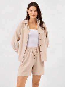 Miaspire 2 件套女士休闲宽松衬衫和短裤套装，春夏 - 卡其色 - 查看 3