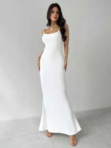 Firerie Vestido largo ajustado de novia, con tirantes de espagueti y espalda descubierta, decorado con perlas blancas, para vacaciones de verano, fiestas, bodas y eventos elegantes - Blanco - Ver 5