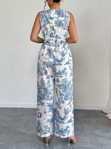 SHEIN Unity Plus Size Women Deep V Neck Sleeveless Printed Slim Fit Romper For Casual/Vacation - Blue and White - View 2