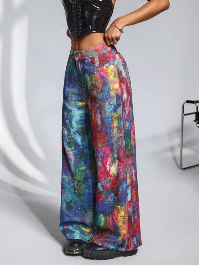 Jeanoix Women's Tie-Dye Print Wide-Leg Jeans