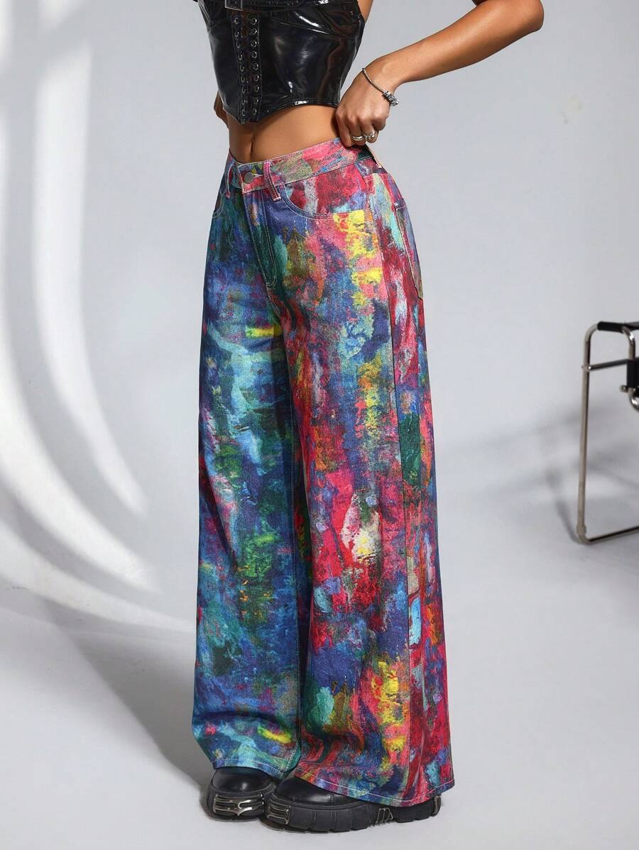Jeanoix Women's Tie-Dye Print Wide-Leg Jeans - Multicolor - View 1