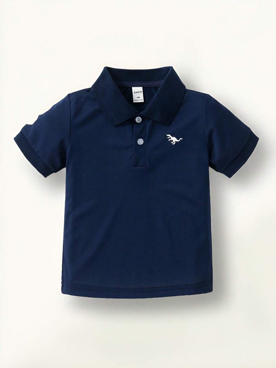 SHEIN Áo polo tay ngắn thêu logo dành cho bé trai, kiểu dáng thường ngày lịch sự, phù hợp cho thể thao, hoạt động ngoài trời, mặc thường ngày, đi nghỉ mát, du lịch, thư giãn, tắm nắng, mùa hè. - Màu xanh hải quân - Xem 1